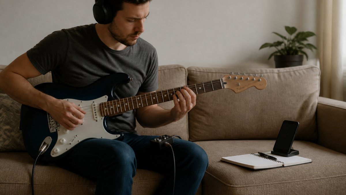 A guitarist sitting on a couch with headphones plugged into a small headphone amp attached to the guitar, a phone propped up playing a backing track, and a practice notebook open beside them