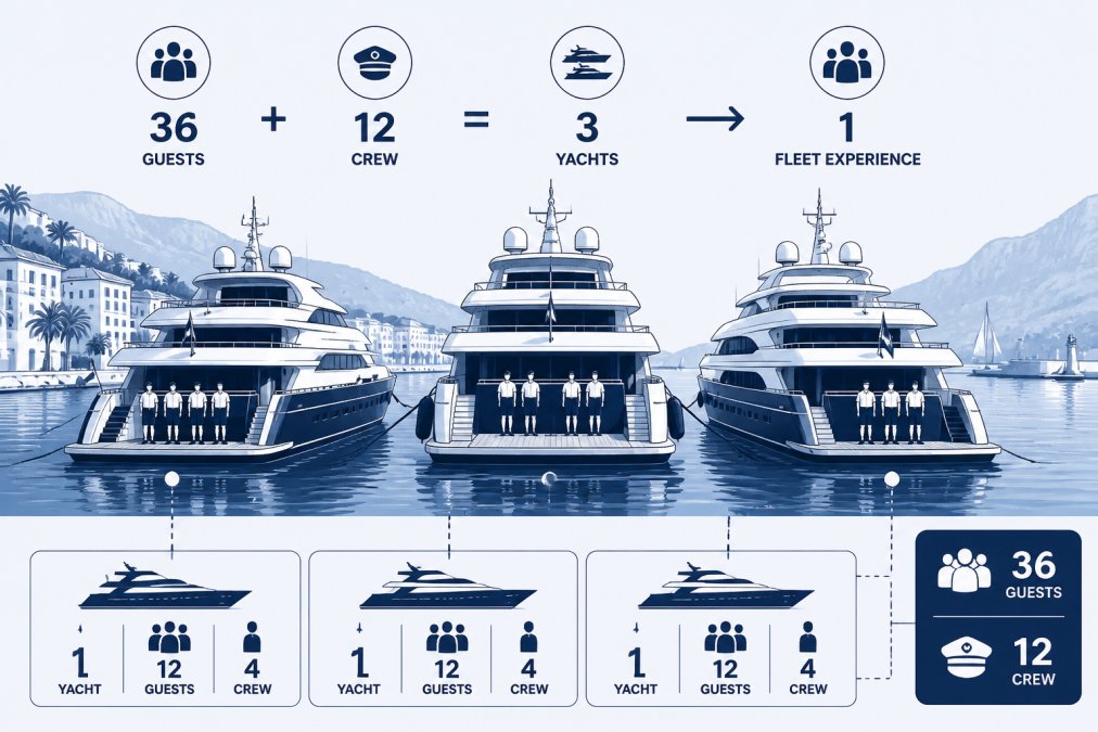 Multiple elegant yachts anchored together in a Mediterranean harbor with clear blue water, showing how fleet charters accommodate larger groups with coordinated crew members visible on decks