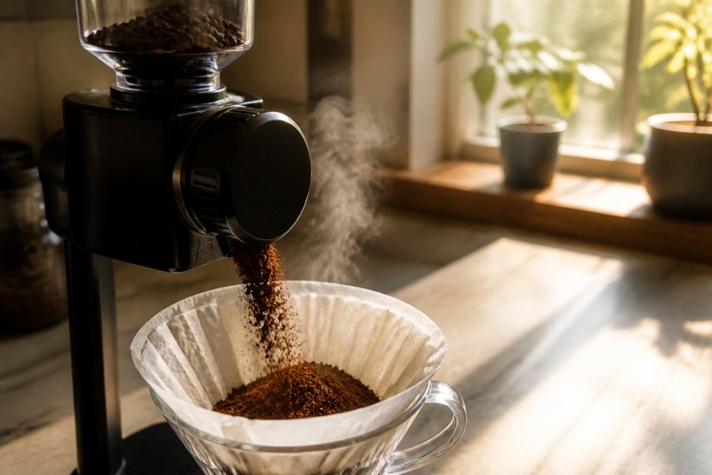 Burr grinder with freshly ground coffee cascading into a white filter, steam rising from the grounds, morning sunlight streaming through a kitchen window
