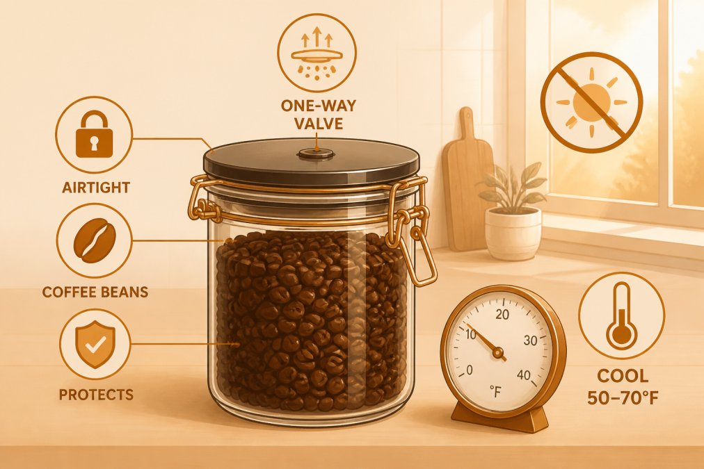 Glass airtight canister filled with freshly roasted dark brown coffee beans, sealed lid with a one-way valve, positioned on a kitchen counter away from a sunny window, with a thermometer nearby showing cool temperature