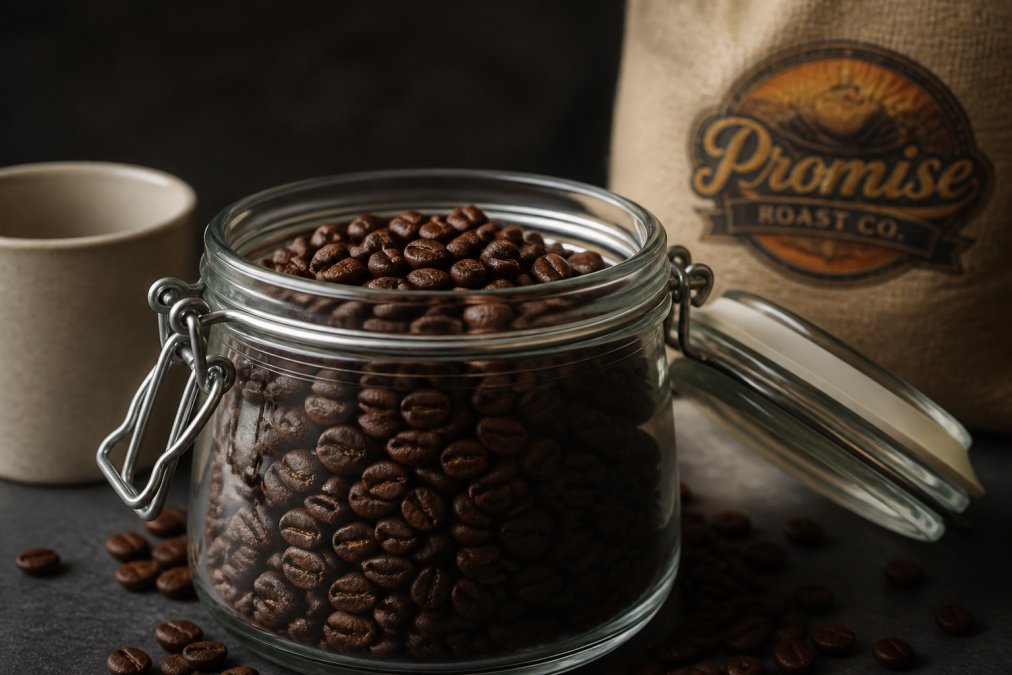 Close-up of freshly roasted whole coffee beans in an airtight glass container with a dark background, showing the rich color and texture of the beans