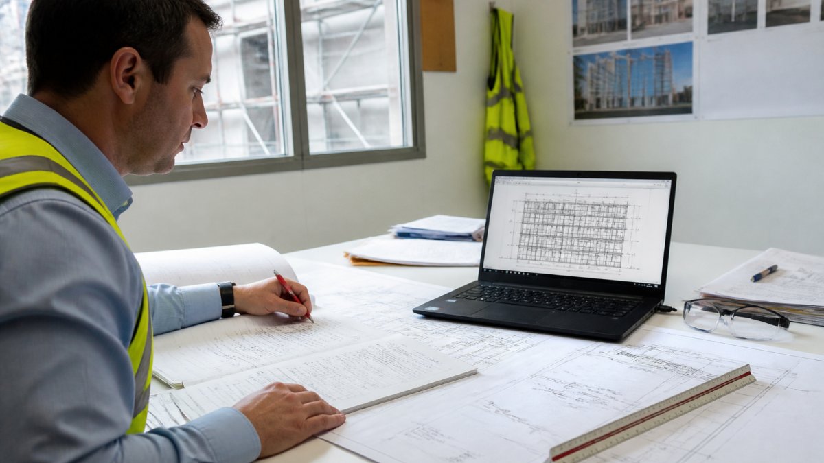 Engineer reviewing a glazing shop drawing using a checklist and scale ruler during a curtain wall site inspection.