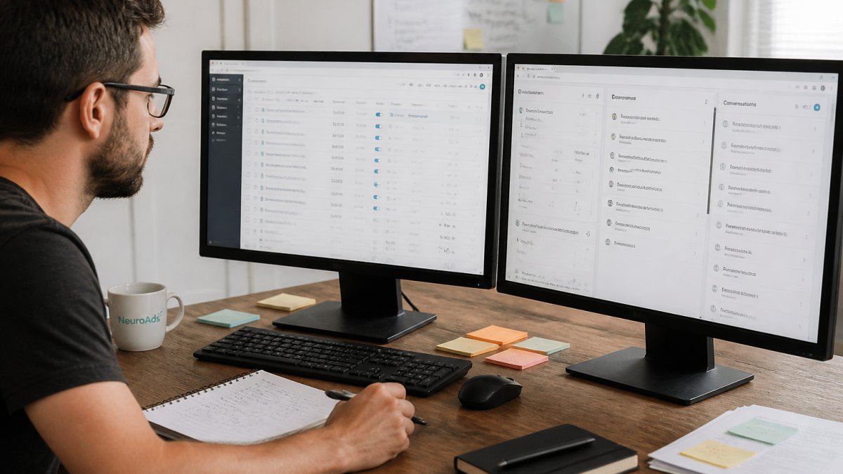 Media manager comparing dashboard data on an AI powered advertising platform across two office monitors