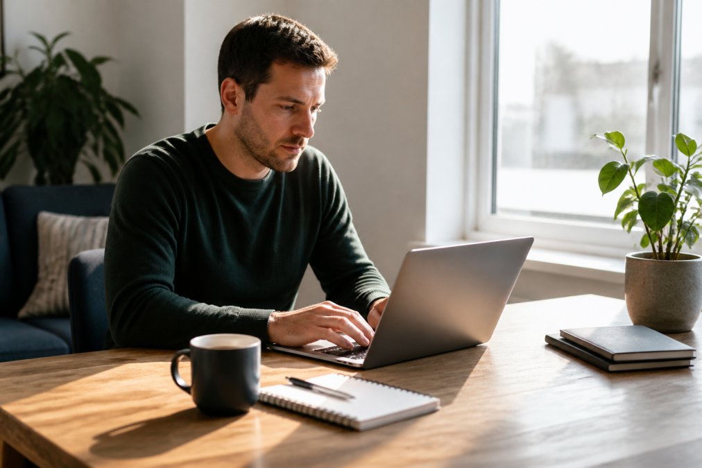 Remote worker at a clean desk with laptop, coffee cup, and notepad, focused on work during morning hours with natural light streaming through a window