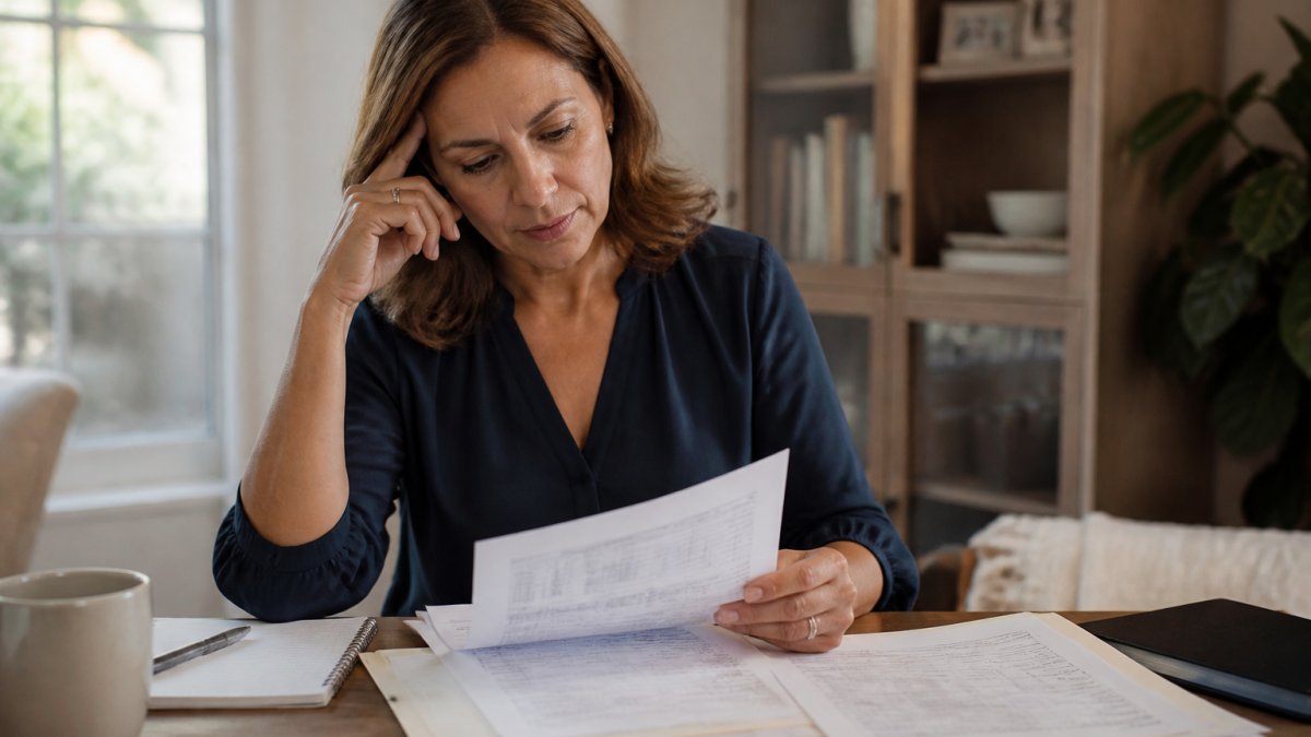 Woman in her mid-40s sitting at a desk reviewing health notes and lab results, looking thoughtful and engaged with organized medical documents