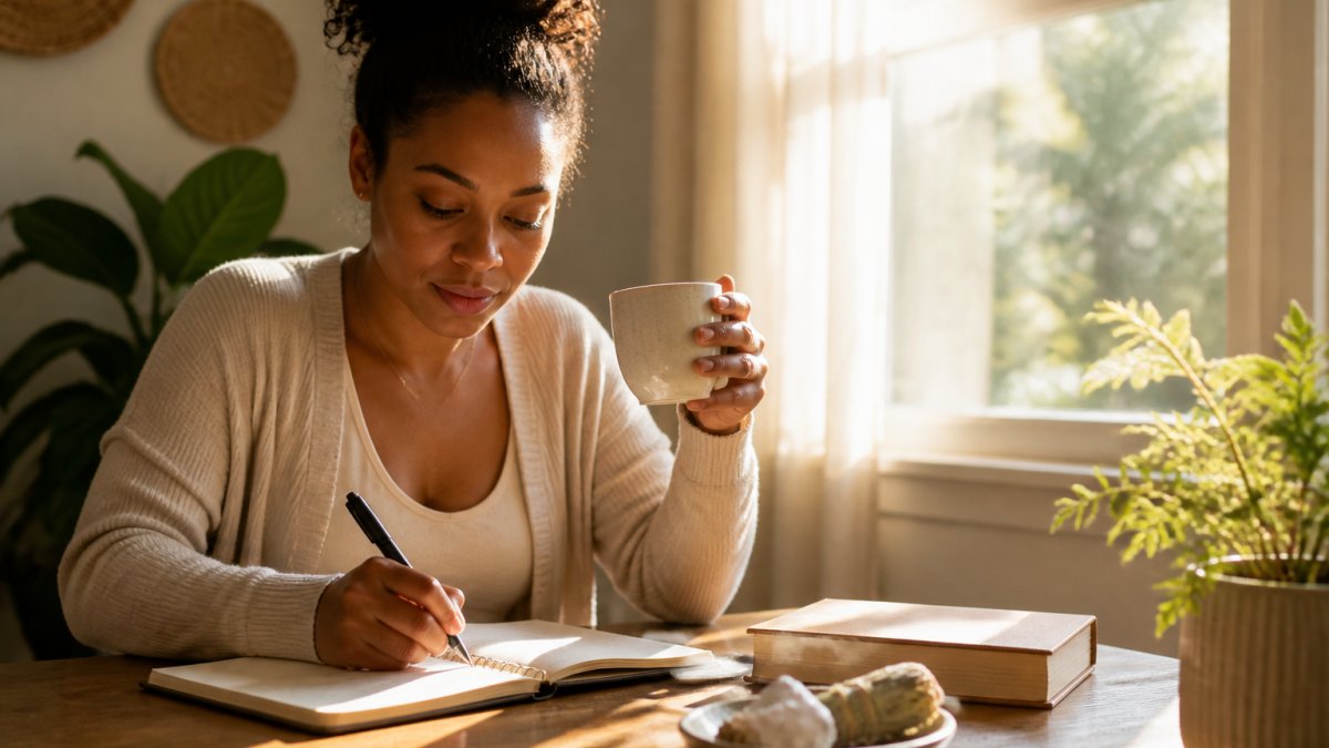 Woman in a calm morning setting holding a warm mug, journaling affirmations at a table with natural sunlight streaming through a window