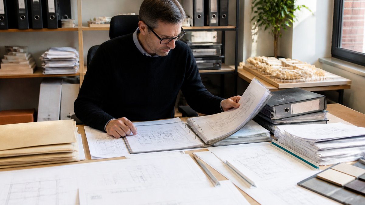 Architect or surveyor reviewing planning documents and property records at a desk with a laptop, examining compliance files and architectural drawings in a professional office setting
