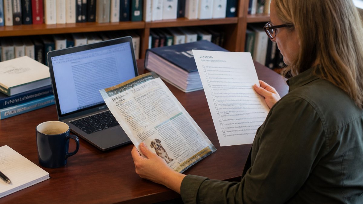 Regulatory manager reviewing a pet food label against AAFCO labeling requirements at a desk