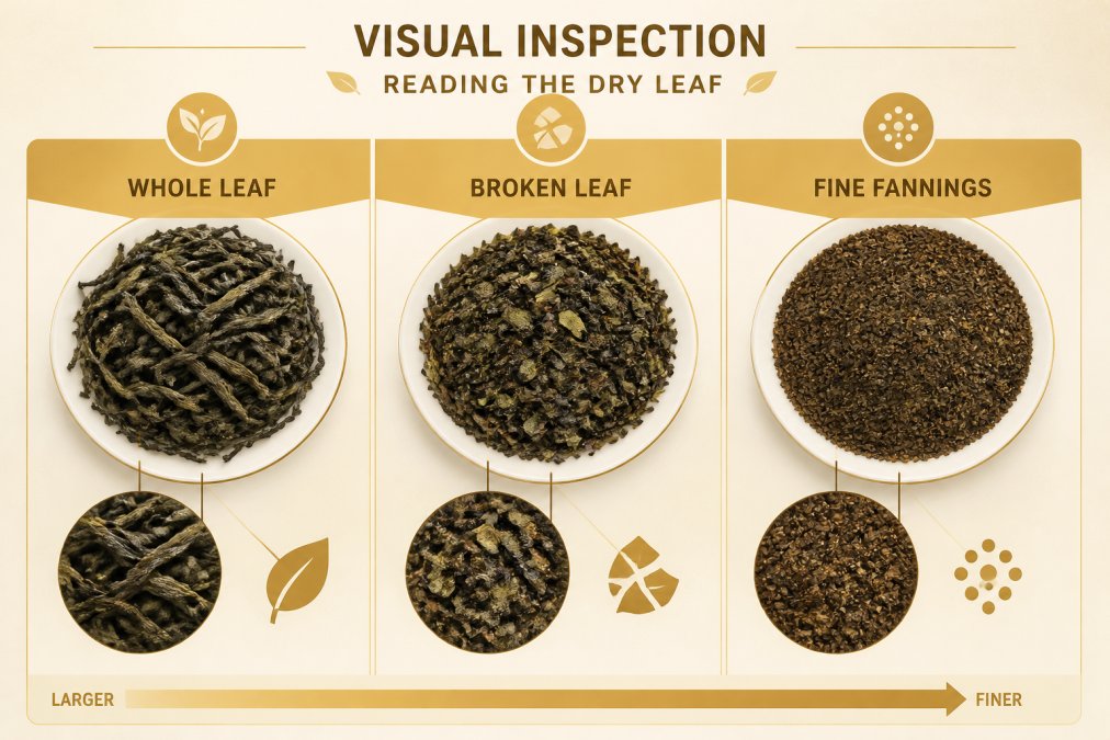 Infographic comparing the textures and sizes of whole leaves, broken pieces, and fine tea fannings.