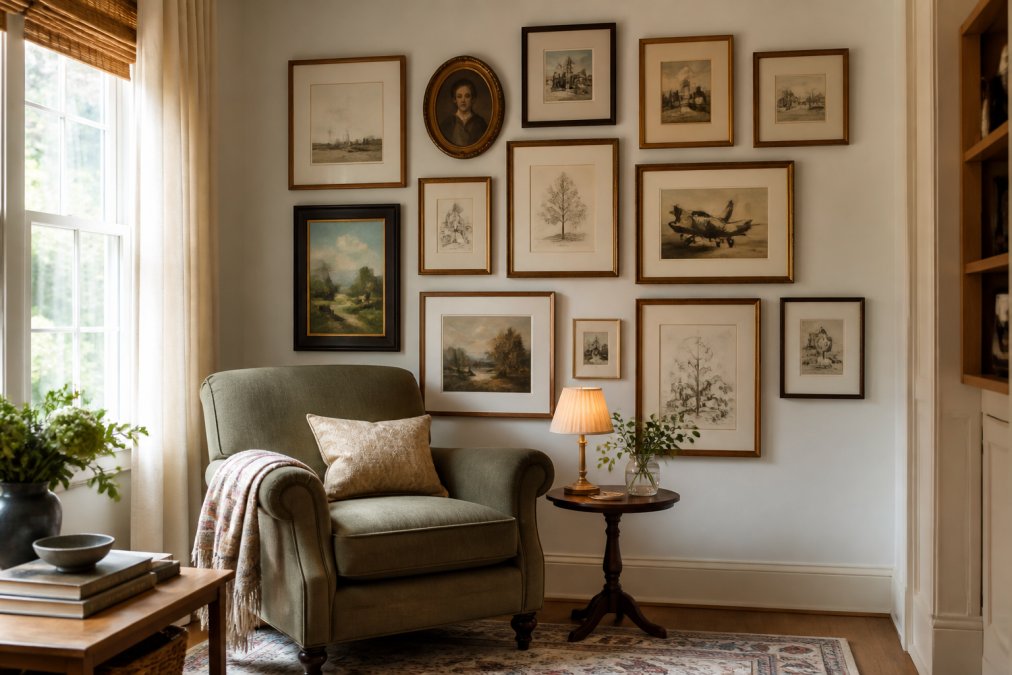 A well-lit living room corner with a gallery wall of framed art prints in varied sizes, a comfortable armchair, and a side table with a small lamp, showing how a curated arrangement creates a personal narrative