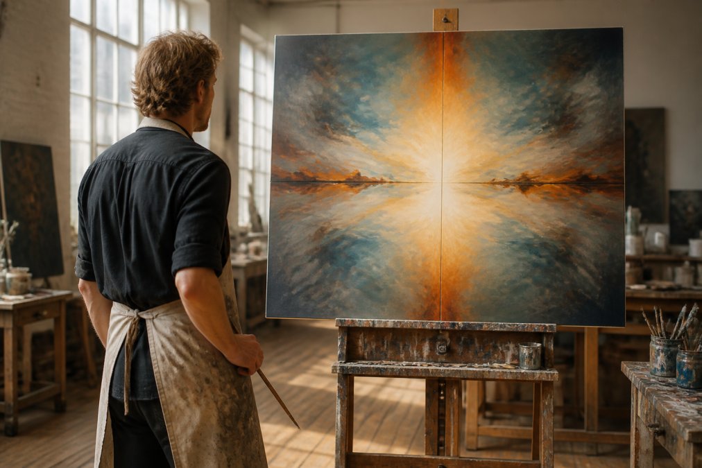 A painter stepping back from an easel in a sunlit studio, comparing the left and right halves of a large canvas with a brush still in hand