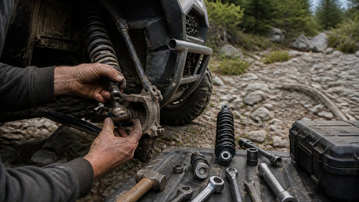 Mechanic installing a heavy-duty ball joint on a UTV suspension at a rocky trailhead with tools on a tailgate