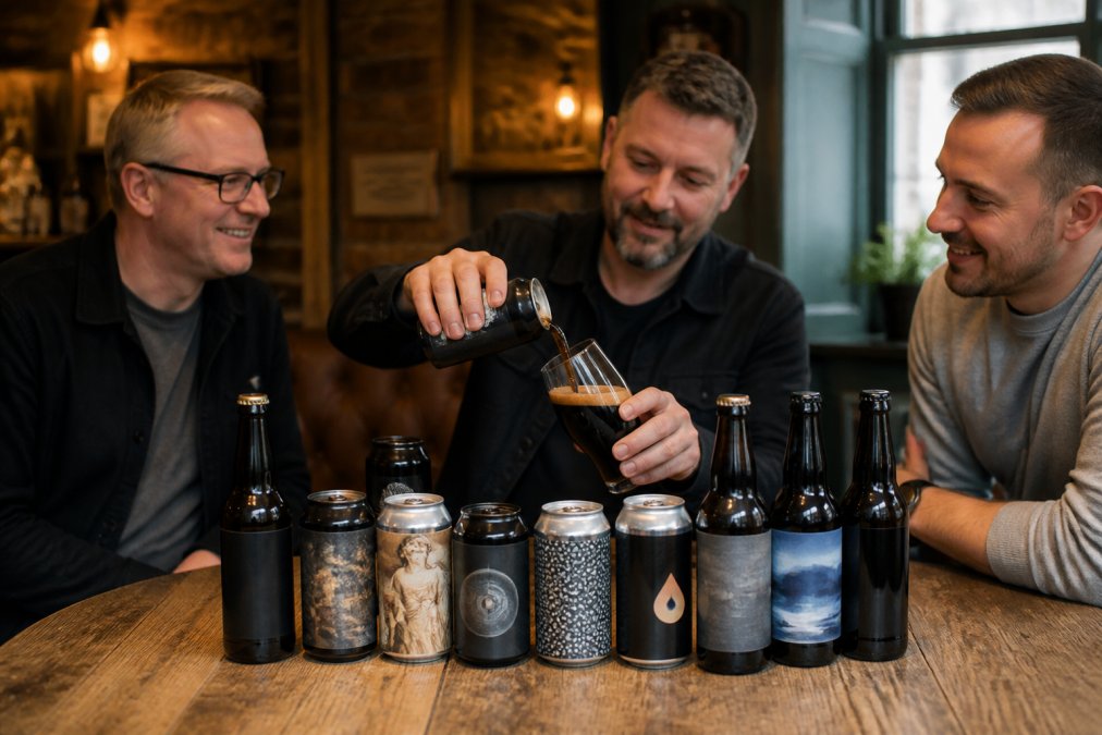 A lineup of different alcohol-free stout cans and bottles from various independent breweries arranged on a rustic wooden table, with a glass of dark stout being poured in the background