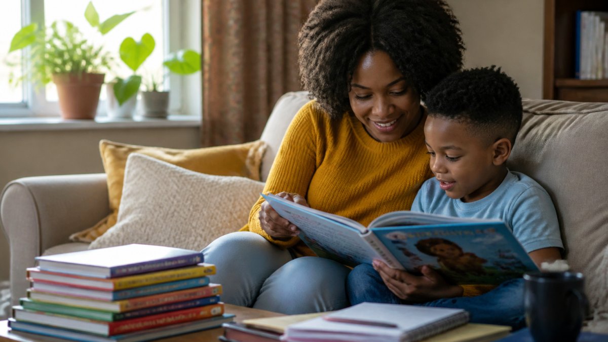 A parent and child reading a picture book together on a cozy couch, with a stack of colorful children's books nearby, warm afternoon light through a window
