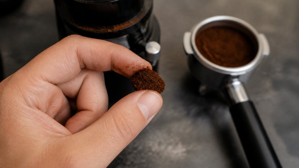 Barista fingers pinching a mound of fine espresso grounds on a dark countertop with a blurred grinder behind