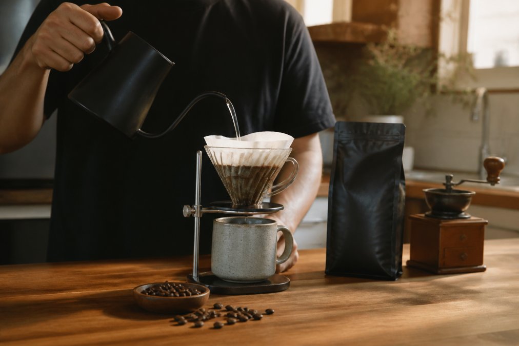 Person pouring hot water into a pour-over dripper to unlock the rich flavor variety of fresh coffee beans.