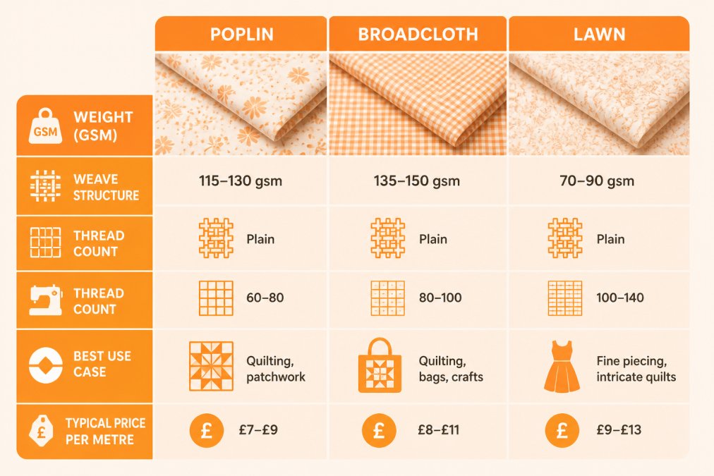 Comparison matrix of quilting cotton types (poplin, broadcloth, lawn) against weight in gsm, weave structure, thread count, best use case and typical price per metre
