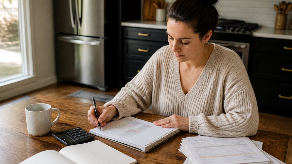 Woman using a pen and calculator to fill out a printable budget planner at a sunny kitchen table