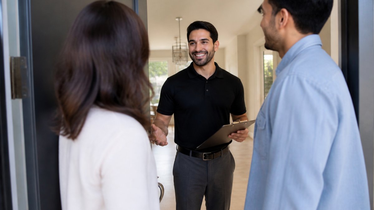 Real estate agent in a black polo shirt greeting a couple at the front door of a bright open house