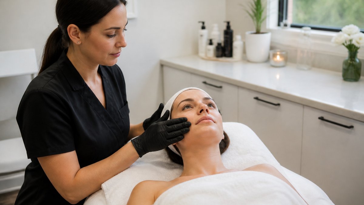 Esthetician examining a client's skin in a bright room during bridal prep