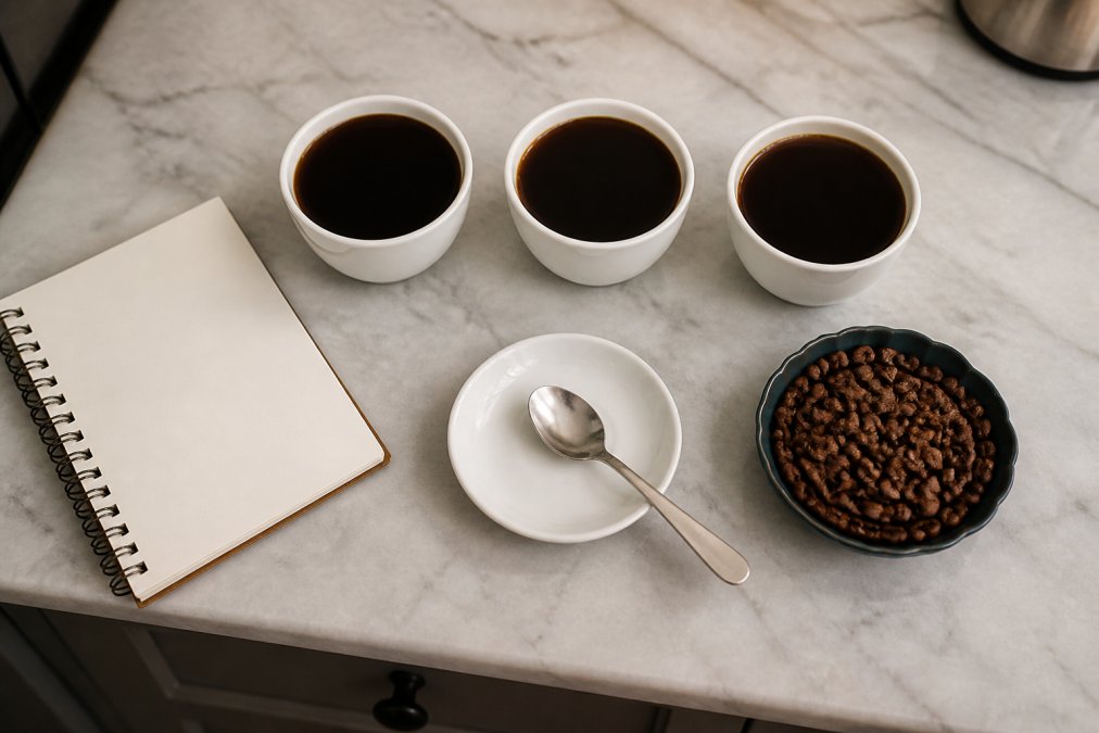 Home kitchen counter prepared to sample new coffee with cups, a tasting spoon, and roasted beans.