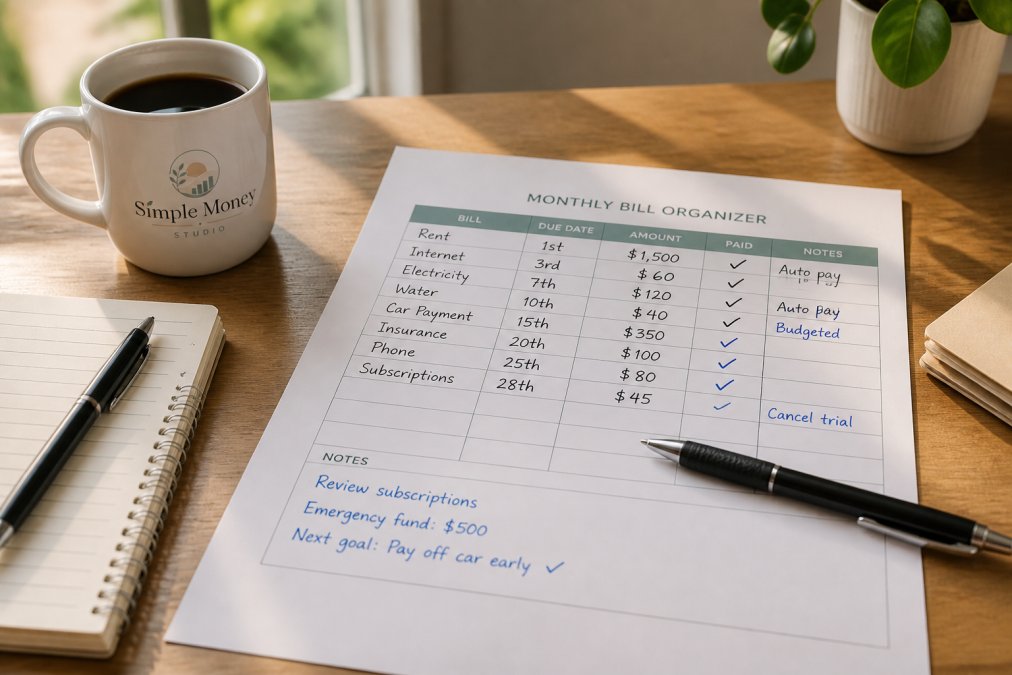 Handwritten notes on a monthly bill organizer on a wooden desk with coffee