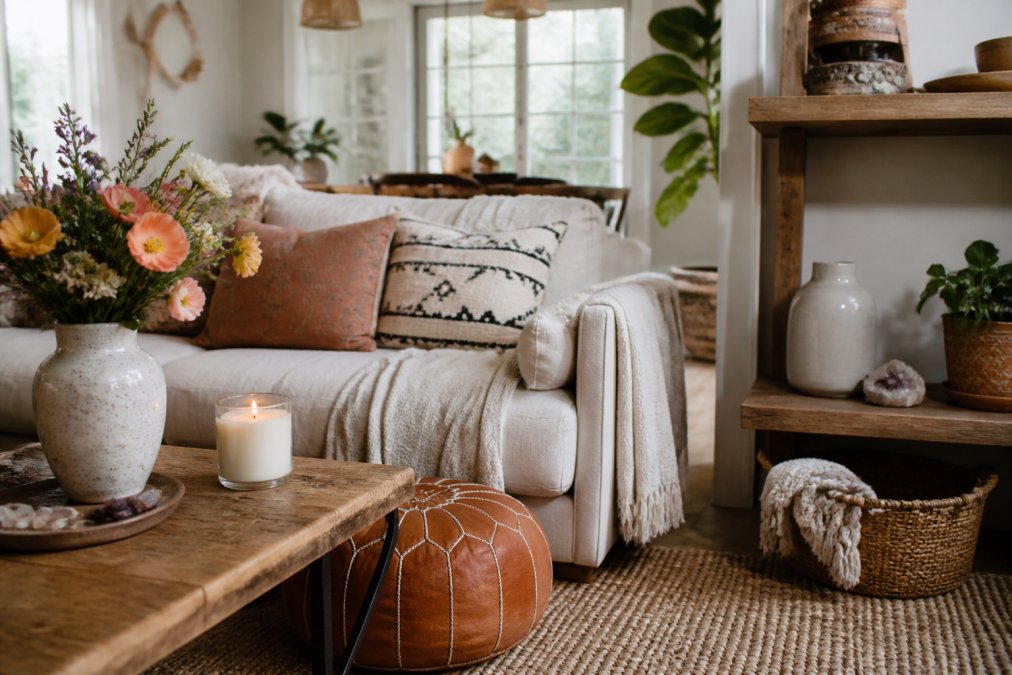 A bright living room styled with intentional bohemian decor: layered textiles, a handmade porcelain vase with fresh flowers, a lit soy candle, and a crystal on a wooden shelf