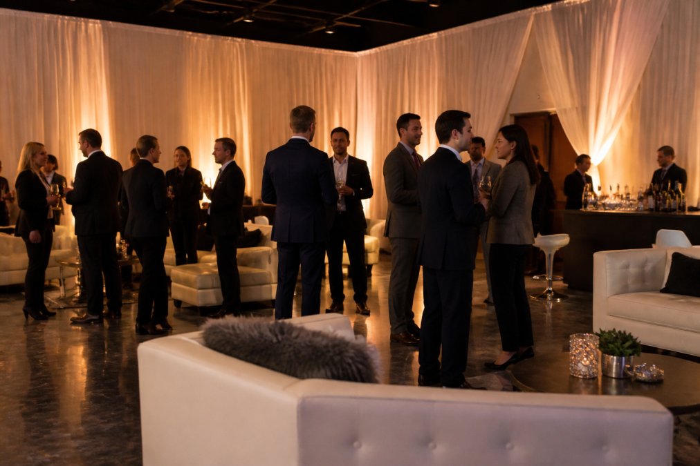 A professional corporate reception in an elegant lounge, with guests in business attire networking near draped fabric walls, ambient up-lighting casting a warm glow on modern lounge furniture