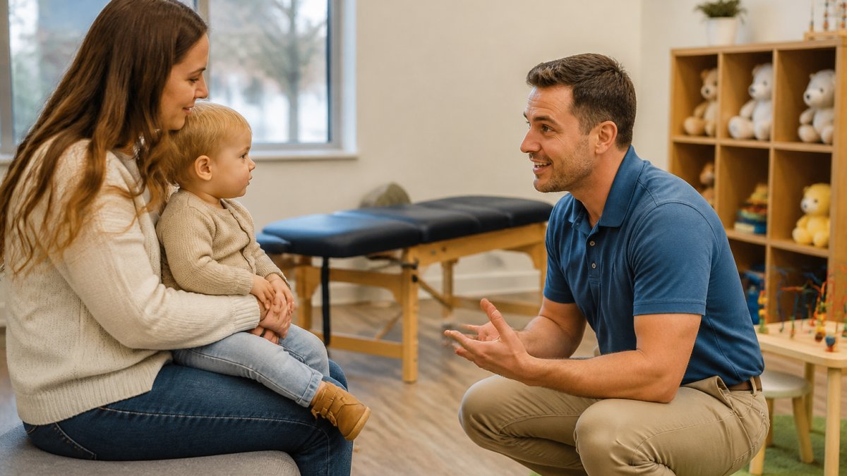 A gentle chiropractor in a bright, kid-friendly clinic kneeling to talk with a mother holding her toddler, soft toys and a low adjusting table visible in the background, warm natural light