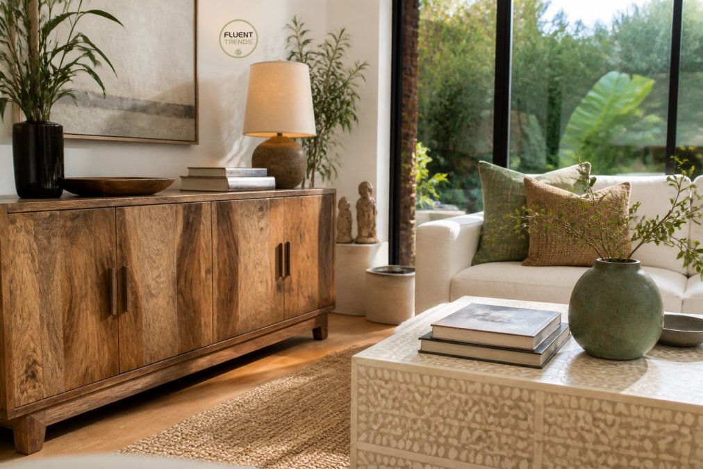A sunlit living room with a solid mango wood sideboard and a bone inlay coffee table styled with books and a ceramic vase, showing natural grain and artisan detail