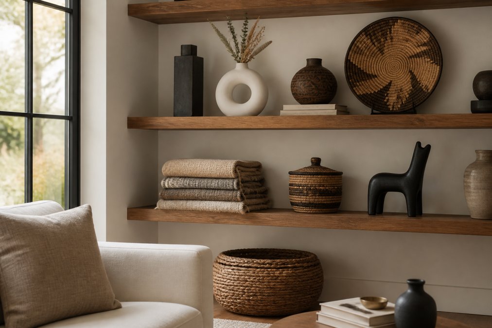 Styled living room featuring handcrafted ceramic vases and woven textiles arranged on floating shelves with natural light streaming through windows