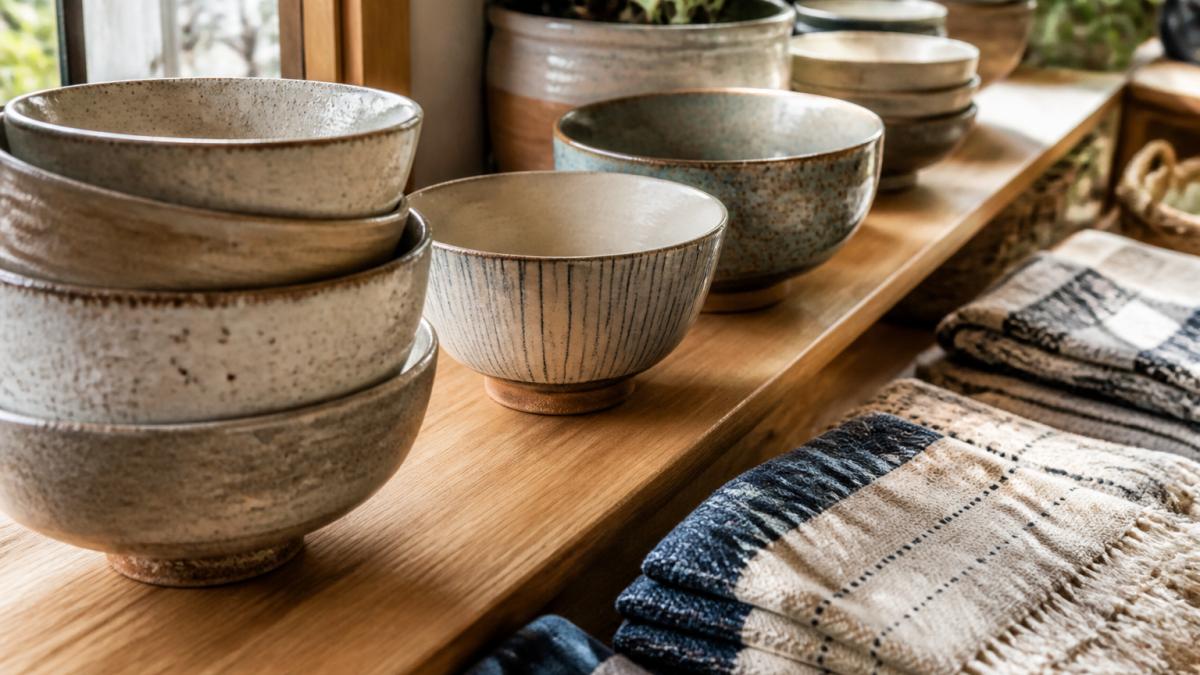Infographic comparing the design and quality standards of handcrafted ceramic bowls and woven textiles.