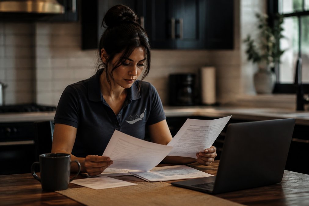 Homeowner reviewing cleaning service paperwork and insurance documents at a kitchen table with a laptop and cup of coffee