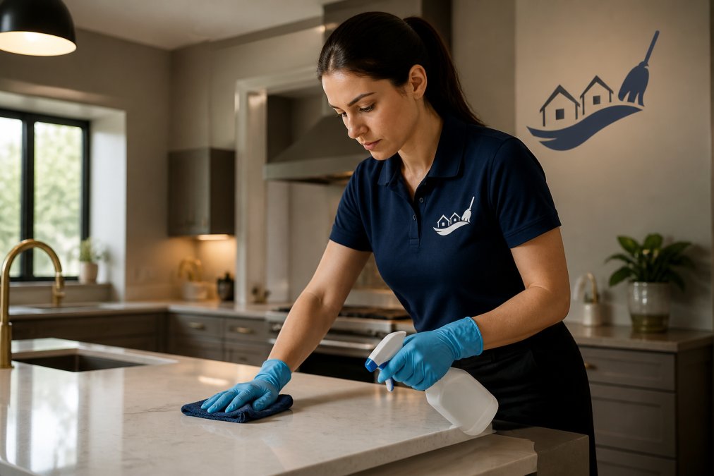 Uniformed professional cleaning staff member performing detailed kitchen sanitization for cleaning authority vs merry maids