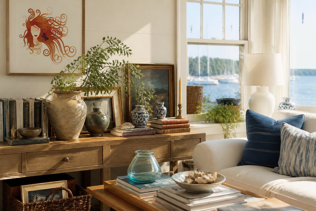 Infographic visualizing the collected home design process through a layered mix of vintage and modern decor elements.