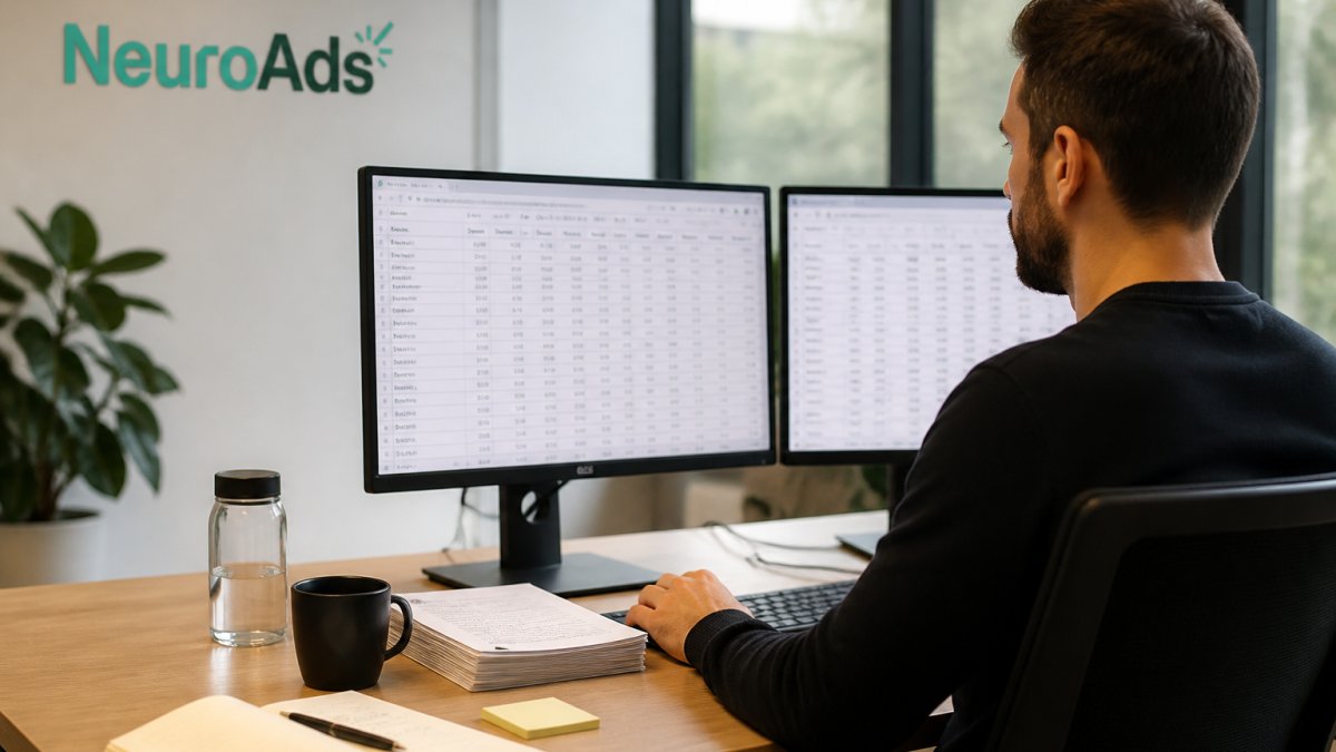 A paid media manager at a desk reviewing campaign performance dashboards on two monitors in a bright office, notebook and coffee nearby