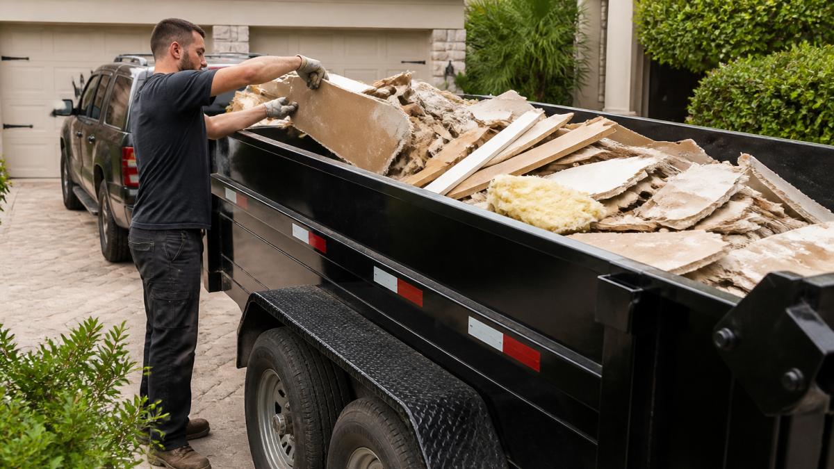 Professional loading construction debris into a 12-yard dump trailer positioned safely on a residential driveway with mixed materials visible inside the trailer bed