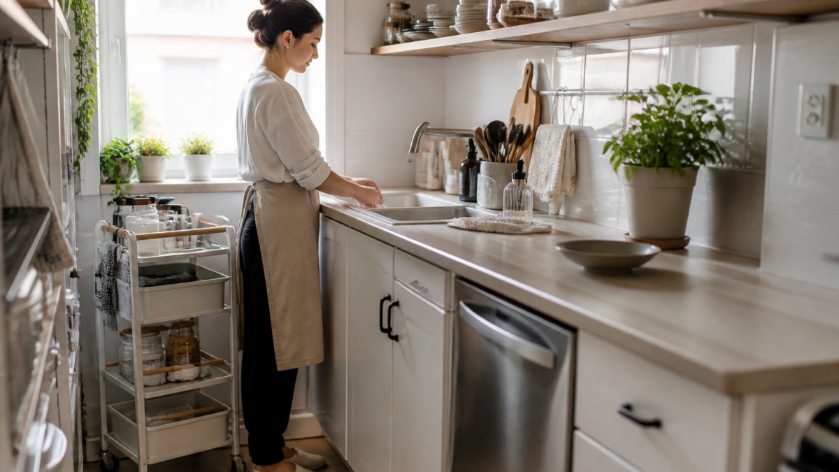 Person working at a bright, compact kitchen counter with organized shelving and a rolling storage cart nearby.