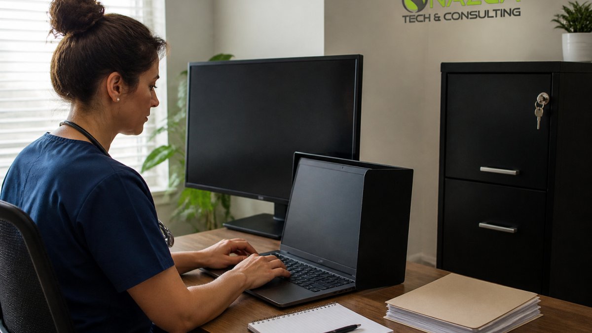 Diagram illustrating a HIPAA compliant remote work setup with secure document storage and privacy screens.