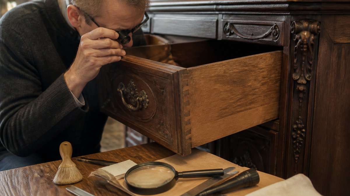 Collector using a magnifying loupe to inspect the dovetailed joinery of an antique walnut cabinet drawer