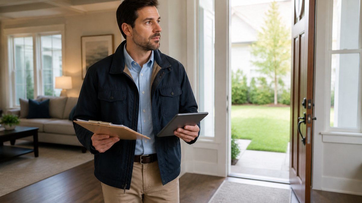 Property manager using a tablet and clipboard while managing rental properties during a home inspection