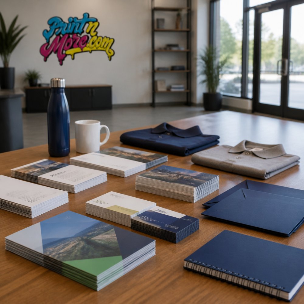 Diagram showing an organized collection of branded marketing materials arranged to demonstrate design consistency