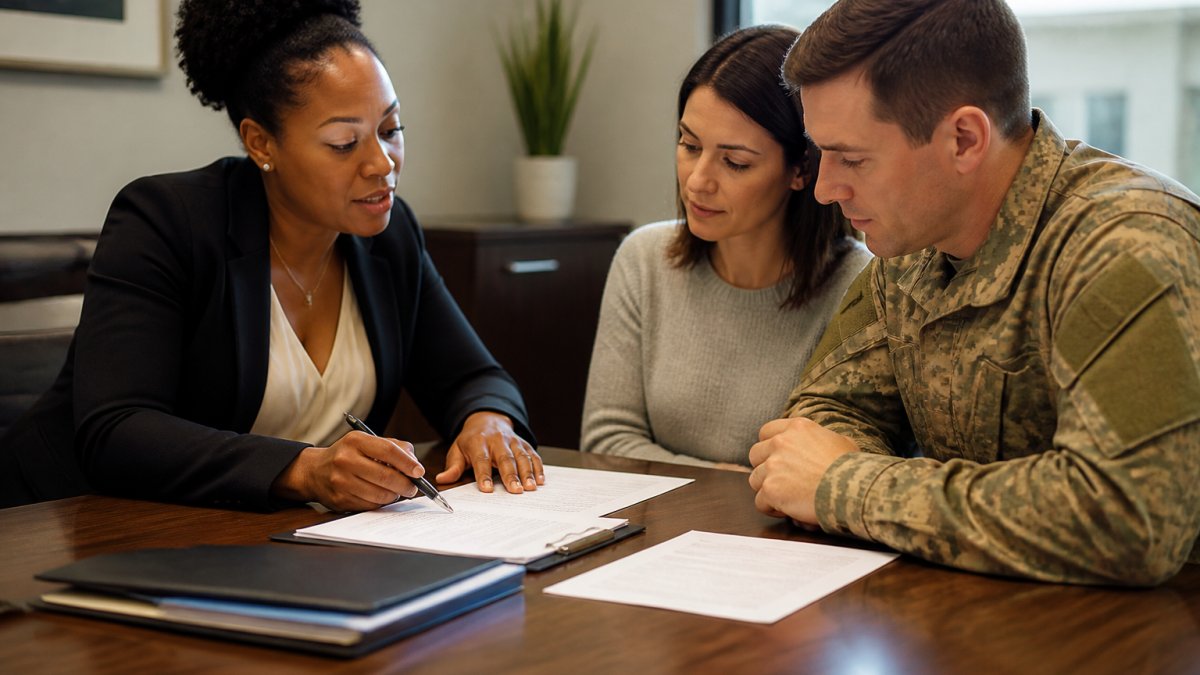Property manager reviewing lease terms for military homeowners in a professional office setting