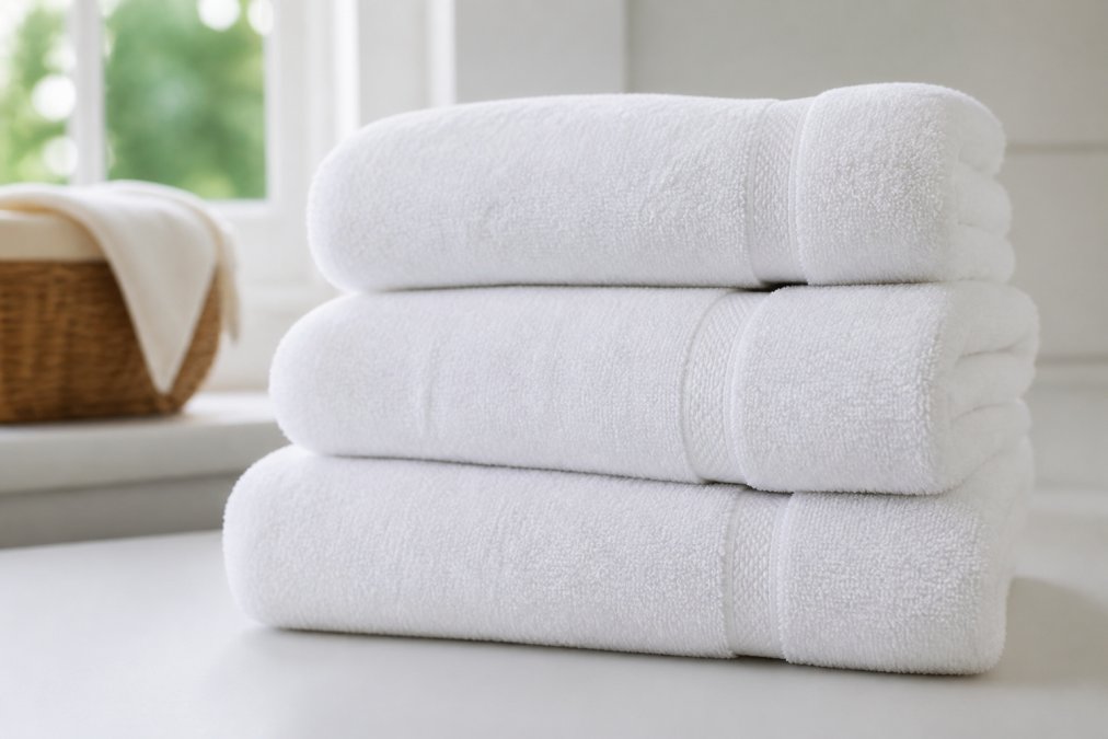 Fluffy, freshly laundered towels folded and stacked on a clean white surface, showing soft texture and cotton weave detail