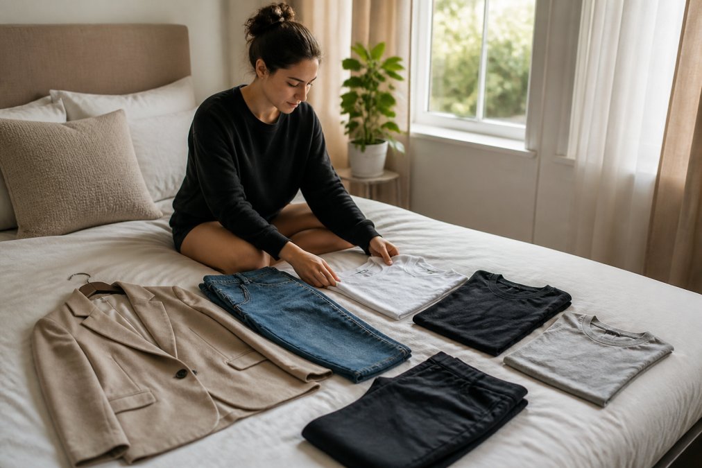 Person laying out jeans, tees, and a neutral jacket on a bed to compare curated vs madewell wardrobe basics.