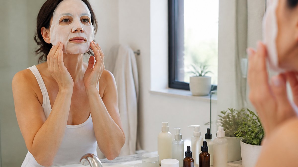 Woman in her forties applying a hydrating sheet mask in a bright bathroom with skincare bottles on the counter