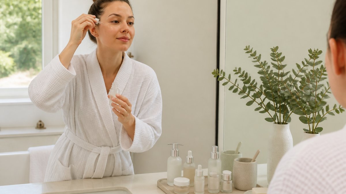 Woman applying serum to her face in a bright, minimalist bathroom, with clean skincare products arranged on the counter beside her