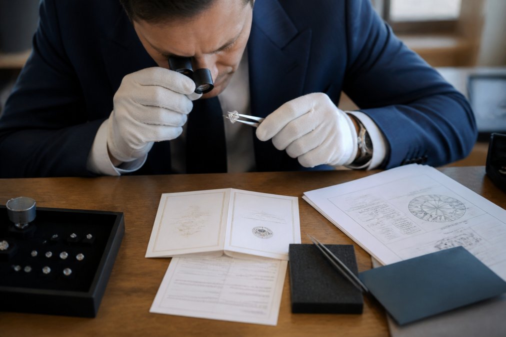 Gemologist examining a certified diamond under magnification with grading report and certification documents displayed on a jeweller's workbench with natural daylight