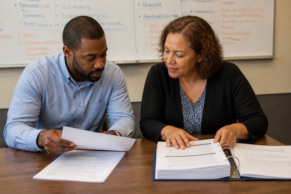A researcher and program facilitator reviewing printed research documents and a curriculum binder together at a table, with a whiteboard covered in framework notes visible in the background