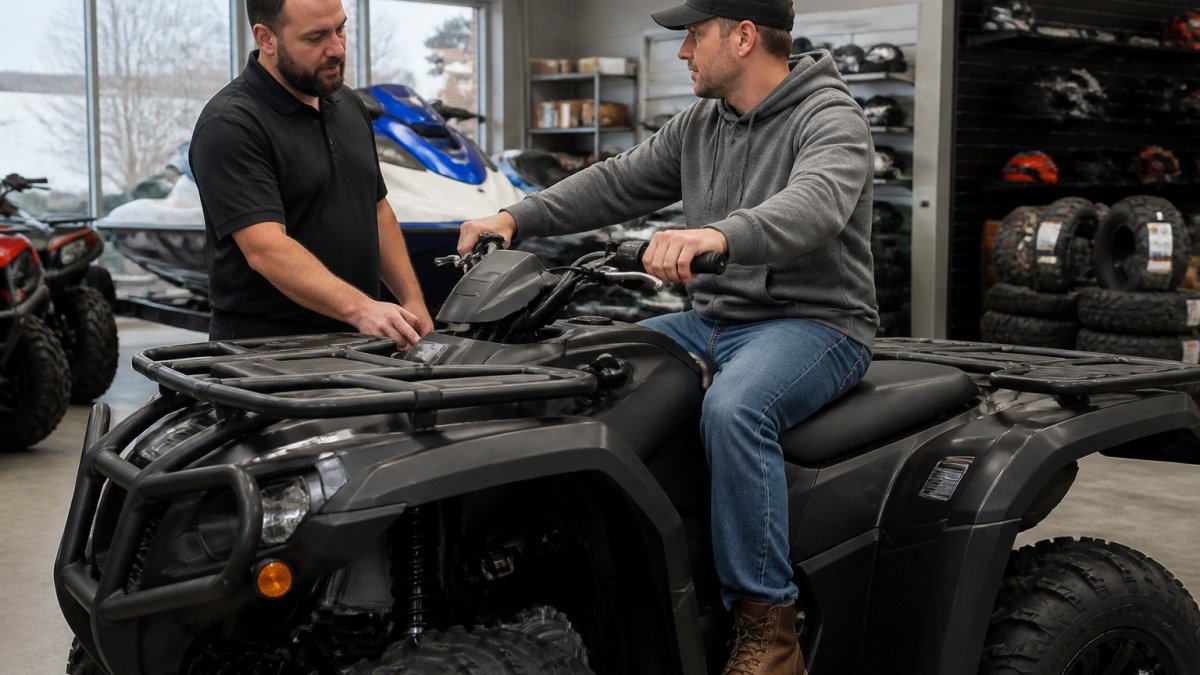 A rider sitting on an ATV in a showroom, feet on the footpegs and hands on the handlebars, with a salesperson nearby pointing at the seat height